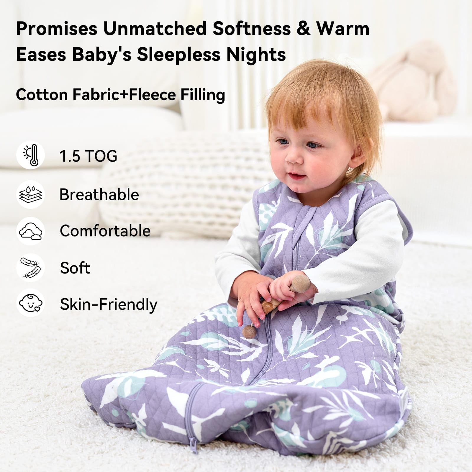 Unnivoll Baby Sleeping Bag 1.5 Tog 0-6 Months Cotton Sleep Sack Baby Sleep Bag Wearable Blanket with 2-Way Zipper for Newborn Infant Purple Leaves - Image 2