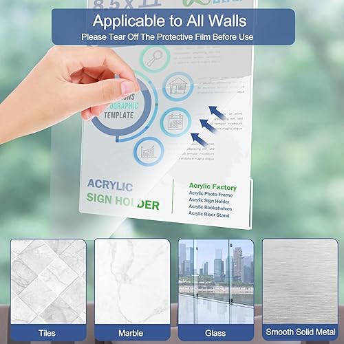 Miniatura 4 de Soporte acrílico para letreros de 8.5 x 11 pulgadas, 8.5 x 11 pulgadas, soporte de pared de plástico transparente con cinta, marco de pared acrílico