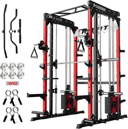 Miniatura 20 de RitFit M1 Pro Smith Machine Package, All-in-One Power Cage with Weight Stack Set, Includes LAT Pulldown & Cable Crossover System for Home Gyme Rojo