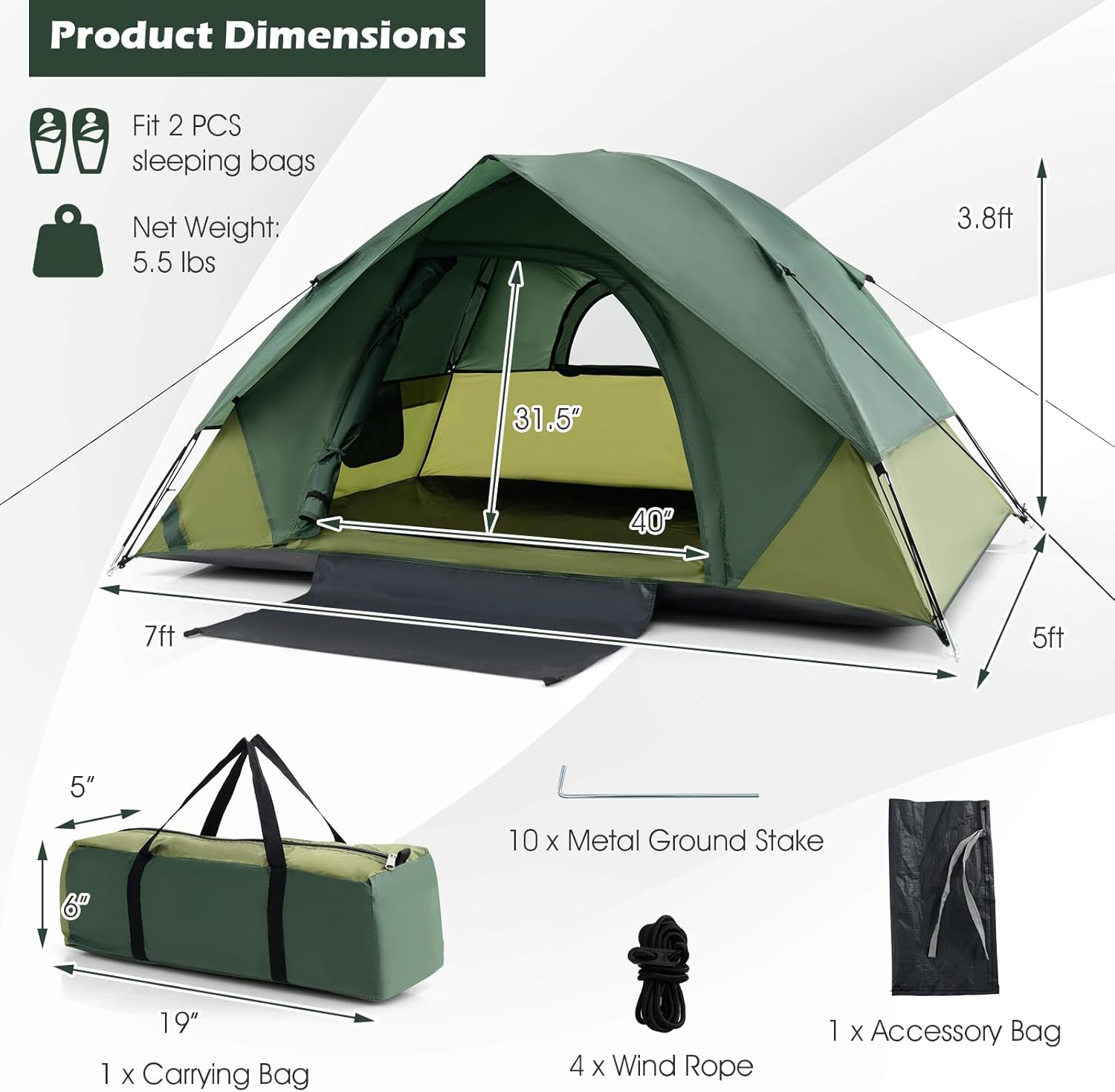 Tangkula 2 Person Camping Tent, Portable Backpacking Tent with Removable Rainfly, Floor Mat, 4 Mesh Walls & Zippered Doors, Carrying Bag, Family Dome Tent for Camping Hiking