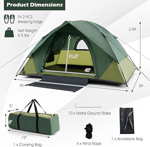 Miniatura 5 de Tangkula Tienda de campaña para 2 personas, tienda de campaña portátil para mochileros con mosca extraíble para el suelo, 4 paredes de malla y