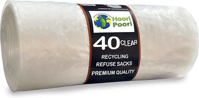 HooriPoori 100L 40 extra large Strong Clear Recycling Bags, 35 μm Strong Leak Tear Resistant, Transparent Bin Liners, See through heavy duty bin bag, Refuse Sacks 100% Recycled Material & Eco Friendly