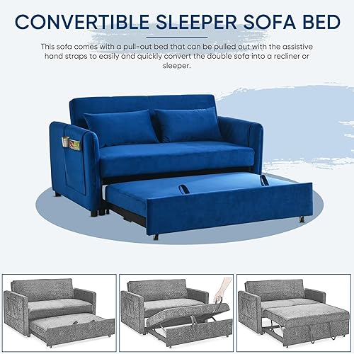 Miniatura 6 de Sofá cama convertible 3 en 1, moderno sofá biplaza de terciopelo con bolsillos laterales de almacenamiento y almohadas, sofá biplaza pequeño para