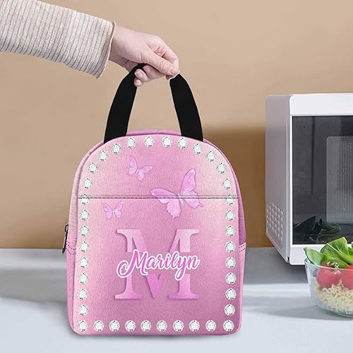 Miniatura 3 de InterestPrint Bolsa de almuerzo aislada personalizada para niñoniña, diseño de mariposa rosa, diamante, nombre personalizado, caja de almuerzo