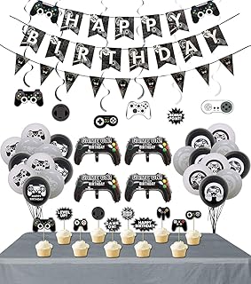 Videospiel Party Partyzubehör, 3 Stück Gaming Themed Happy Birthday Banner und Flagge, 1 Stück Tischdecke, 6 Stück Hanging...