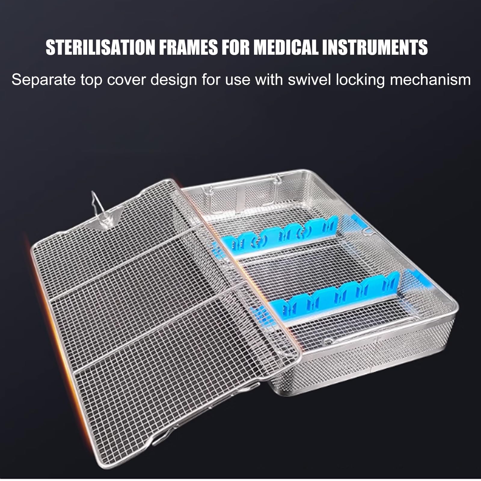 Cestello for la disinfezione perforato in acciaio inox, cestello for attrezzature mediche con coperchio, rete laterale da 2 mm, con strisce di silicone, maniglia for il trasporto(40x25x7cm/15.7x9.8x2.