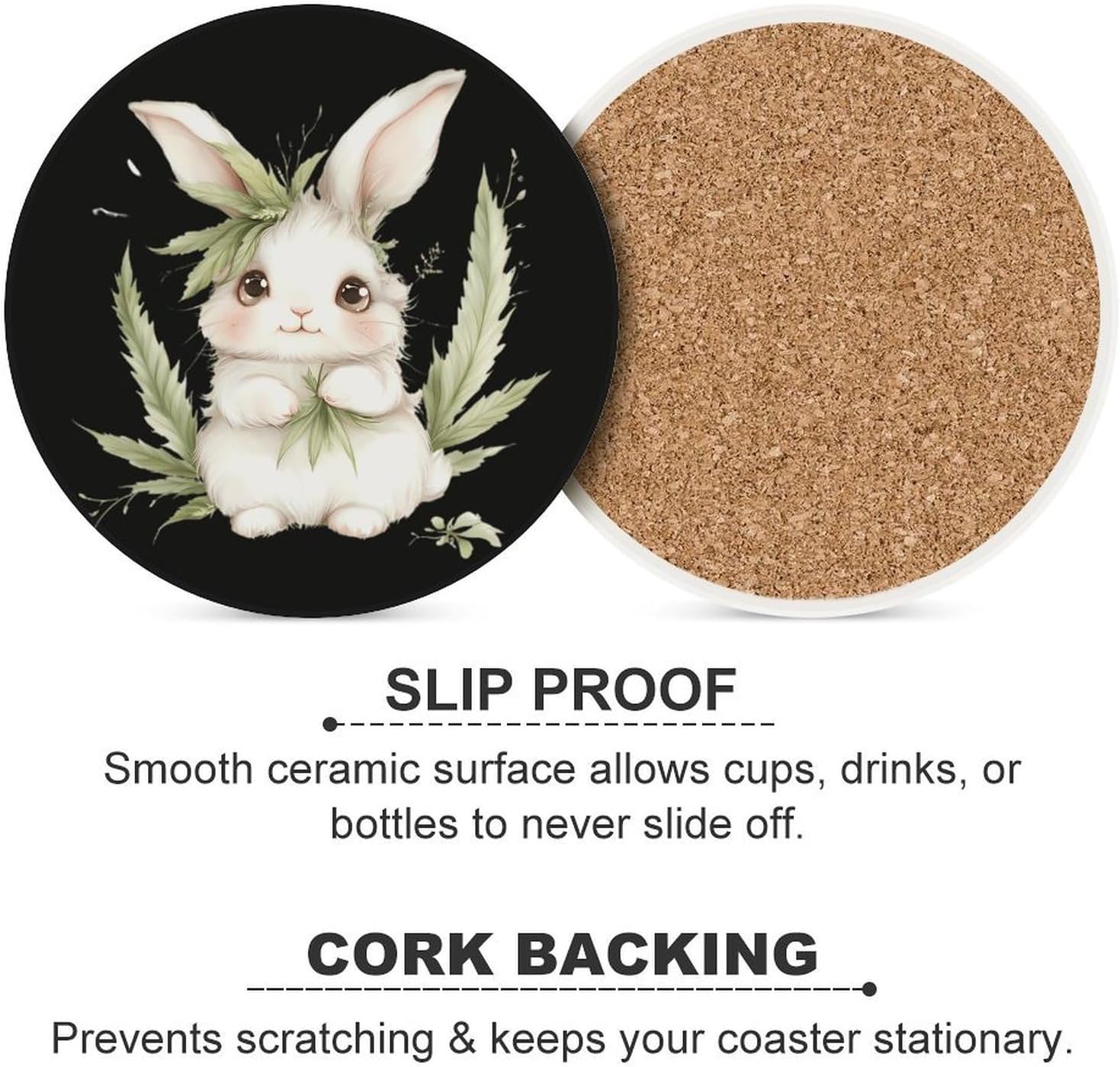 Cute Weed Rabbit Funny Round Ceramic Coasters for Drink Absorbent Cup Holders Tabletop Protection