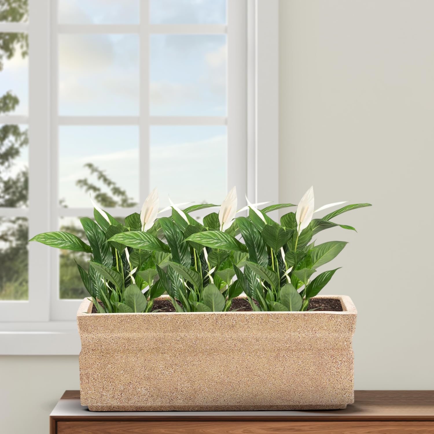 BonKaso 21 inch Beige Marble Pot – Tall, Durable & Lightweight Polymer Rectangle Planter for Indoor & Outdoor Use: Home, Office, Garden & Balcony (Gamla/Gamale)-image-9