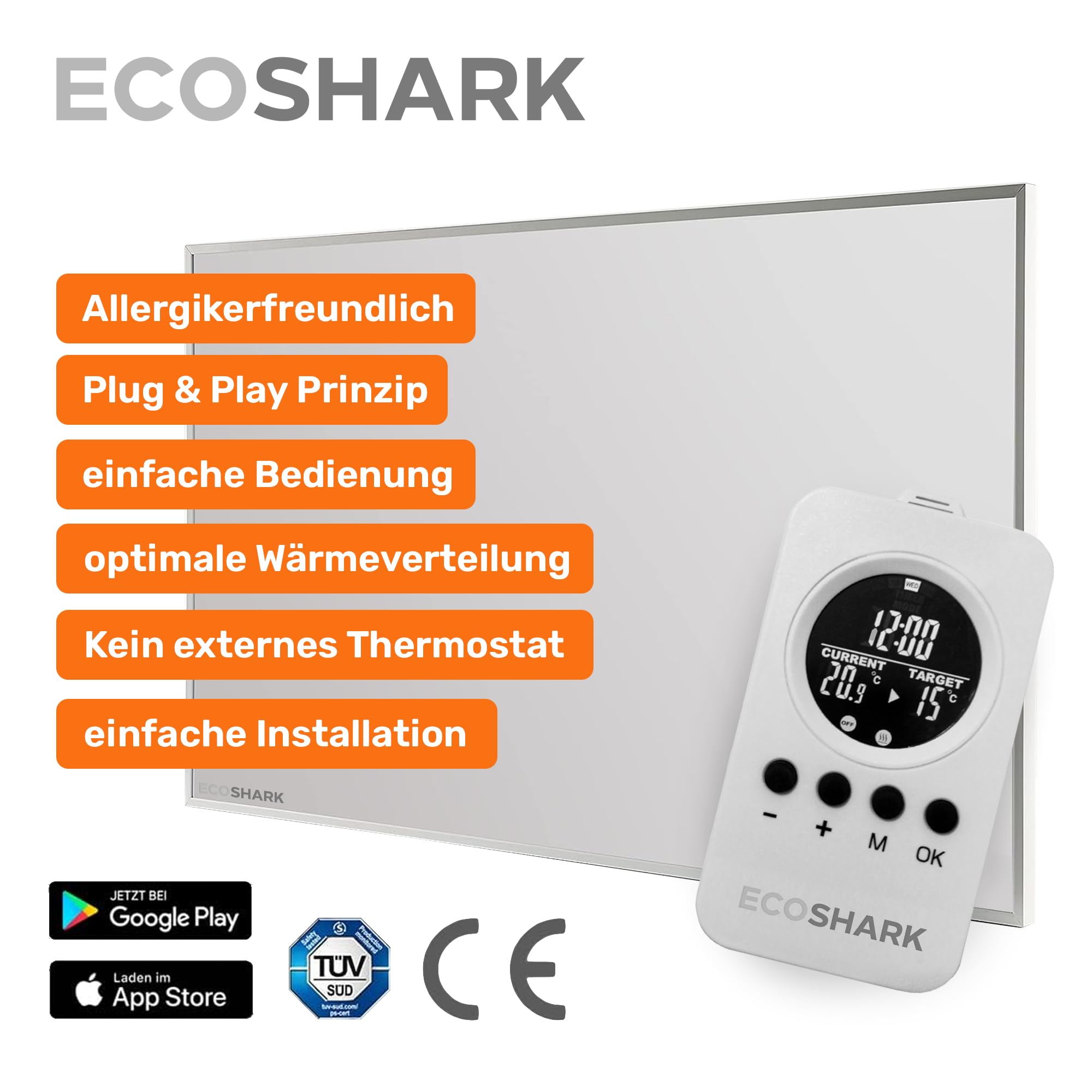 Infrarotheizung mit Thermostat 800W weiß [ENERGIEKOSTEN SPAREN] - inkl. Fernbedienung - Smart-Home fähige Elektroheizung für 13-20 m² - Standgerät/Wandmontage (TÜV zertifiziert)