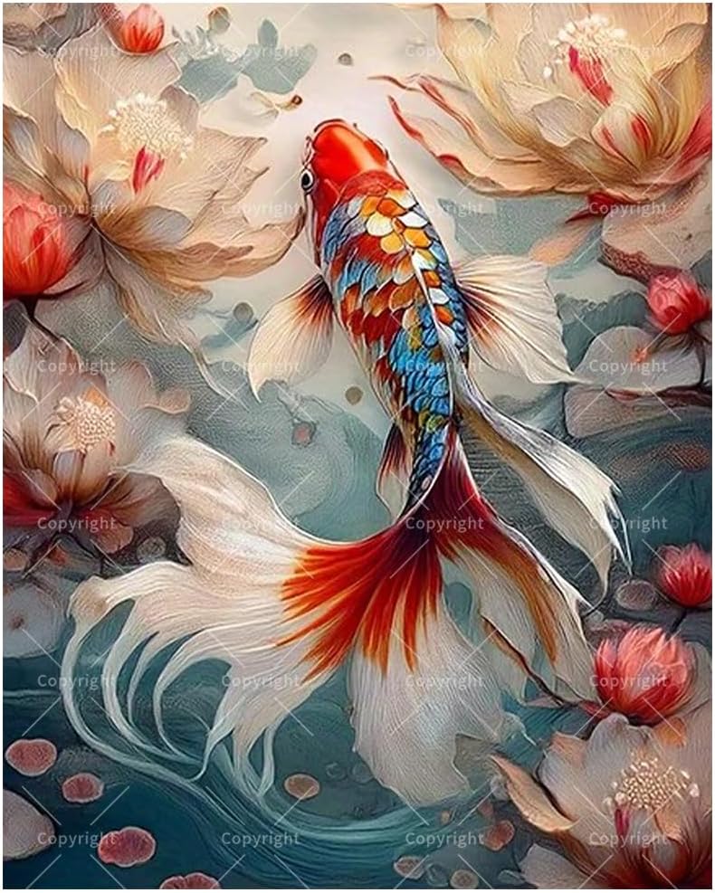 Nature Art Paint by Numbers Kit for Adults - DIY Koi Fish and Lotus Flowers Painting on Canvas 8x12In, Framed Acrylic Paint Set, Suitable for Beginners, Peaceful Art for Home Decoration/Gifts