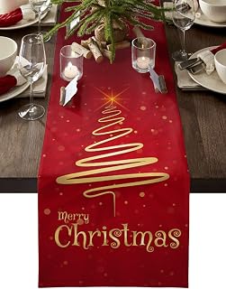 Lilmeme Table Runners 108 inches Long Merry Christmas Tree, Wedding/Coffee Table Runner, Farmhouse Style Table Linen Cloth for Holiday Party Indoor Outdoor Decor, Heat Resistant, Red, 13x108inch