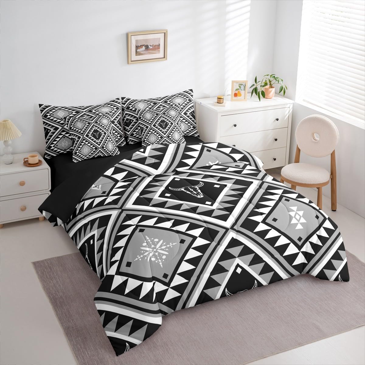 Erosebridal Western 7 Pcs Comforter Set Queen for Men Boys,Rustic Southwestern Bedding Set Bohemian Comforter Ethnic Bull Skull Sheet Set Bed in A Bag Geometric Diamond Quilt Farmhouse Mexican Style