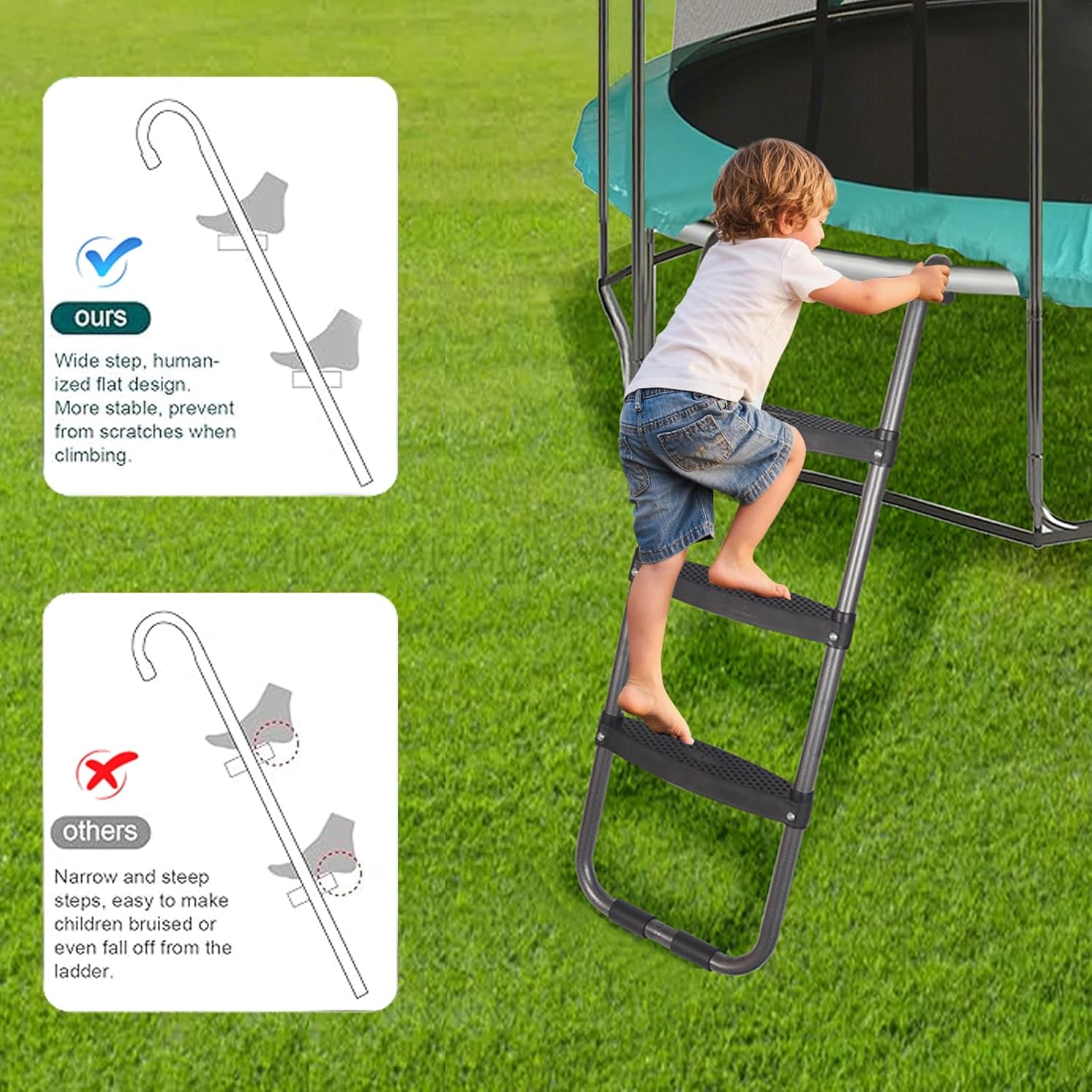 Trampoline Ladder 2/3 Steps, Trampoline Steps with Wide Steps, Skid-Proof Steps Universal Hook, UV Treated Steel, 14FT Trampoline Stairs Accessories for Kids/Children, 220Lbs Capacity