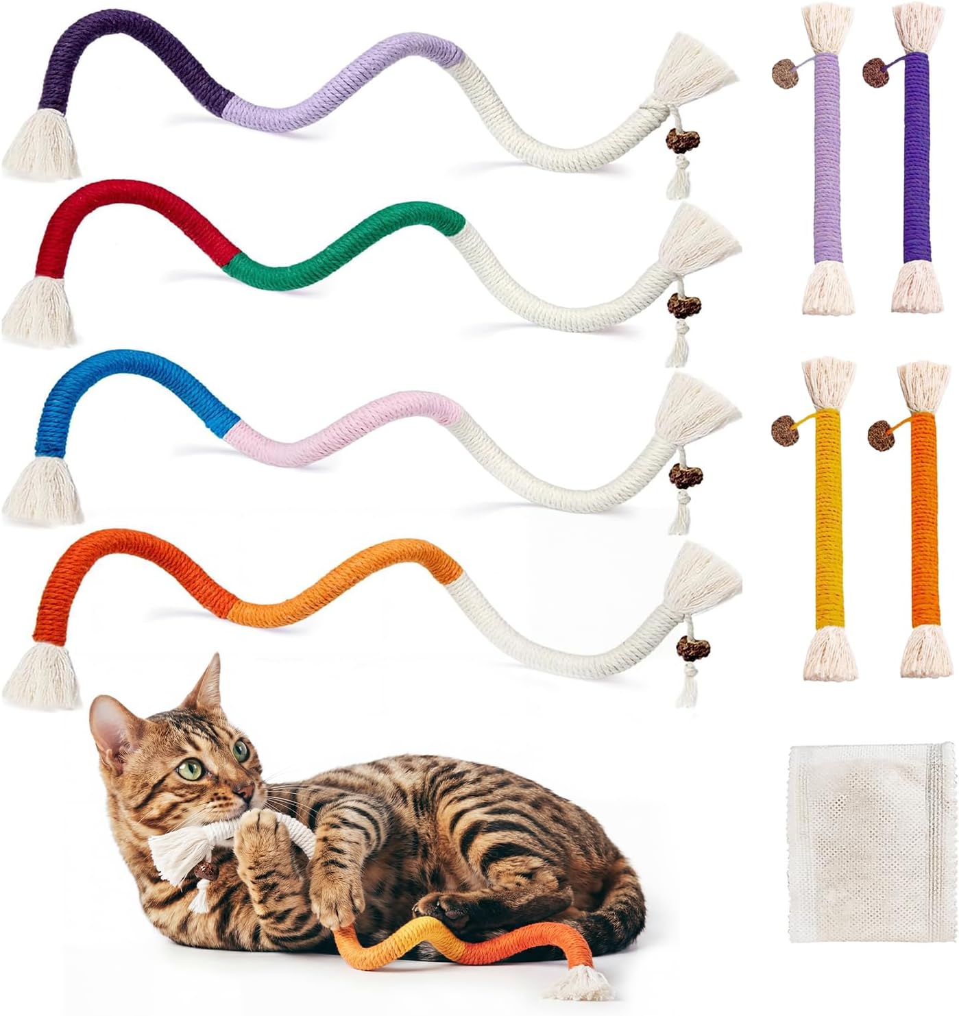Cat Chew Rope Toys 8 Pack with Refillable Natural Catnip, Cotton Dental Teething Toys for Indoor Cats and Kittens, Interactive Chew Toys to Help Redirect Chewing from Cords, 19.7 Inches