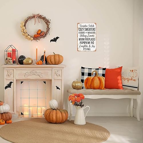 Miniatura 3 de Ylens Letrero de metal con aspecto vintage, 8 x 12 pulgadas, diseño de calabaza, suéteres acogedores con hojas que caen