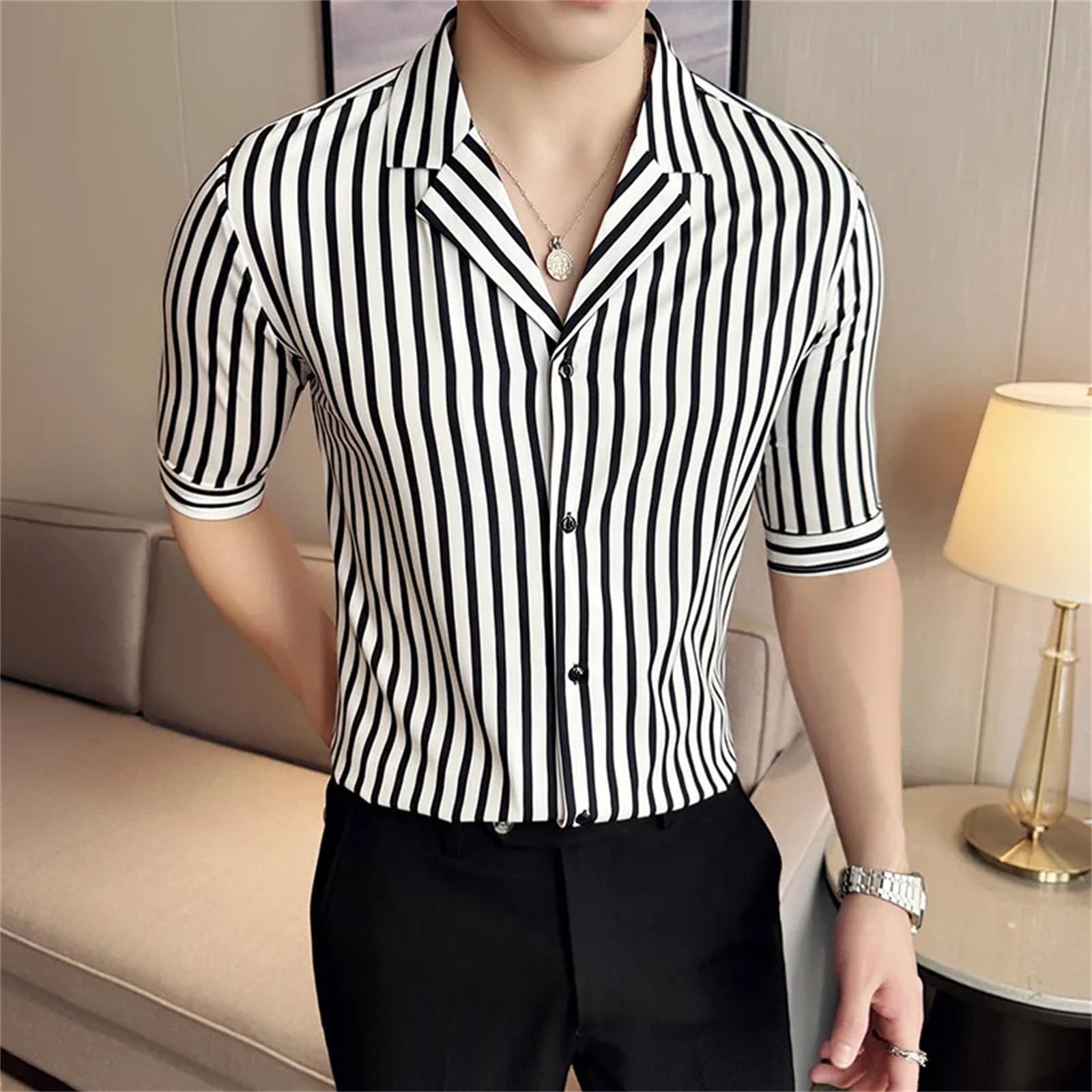 Camicie da uomo a maniche corte a righe slim fit casual ufficio plus size mezza manica camicia