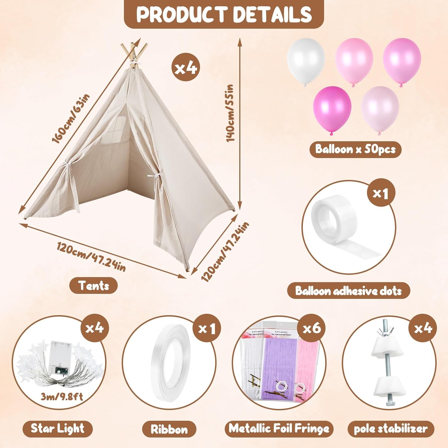 4 pack kids teepee tent for girls slumber party tents bulk, plulon kids sleepover with inflatable airbed and decorations play white teepee indoor outdoor