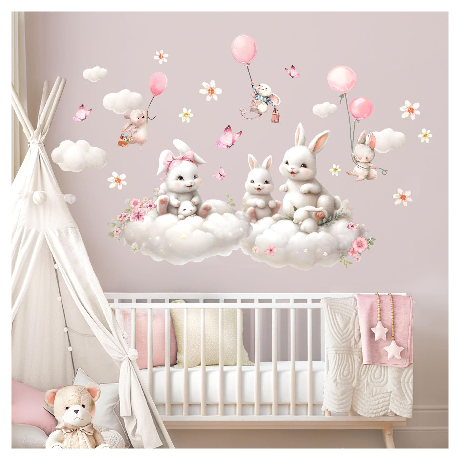 Little Deco Naklejka na ścianę z motywem zająca na chmurach, tatuaż ścienny, pokój dziecięcy, kwiaty, zestaw naklejek na ścianę, pokój dziecięcy, myszka, balon, sypialnia, dekoracja ścienna, DL5055-05