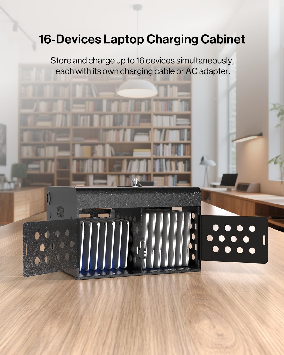 POCHAR 16-Device Locking Tablet Charging Station - Classroom Charging Station for Chromebook Tablet Laptop - Metal Laptop Charging Cart with Cable Management and Charger Organization (Black)