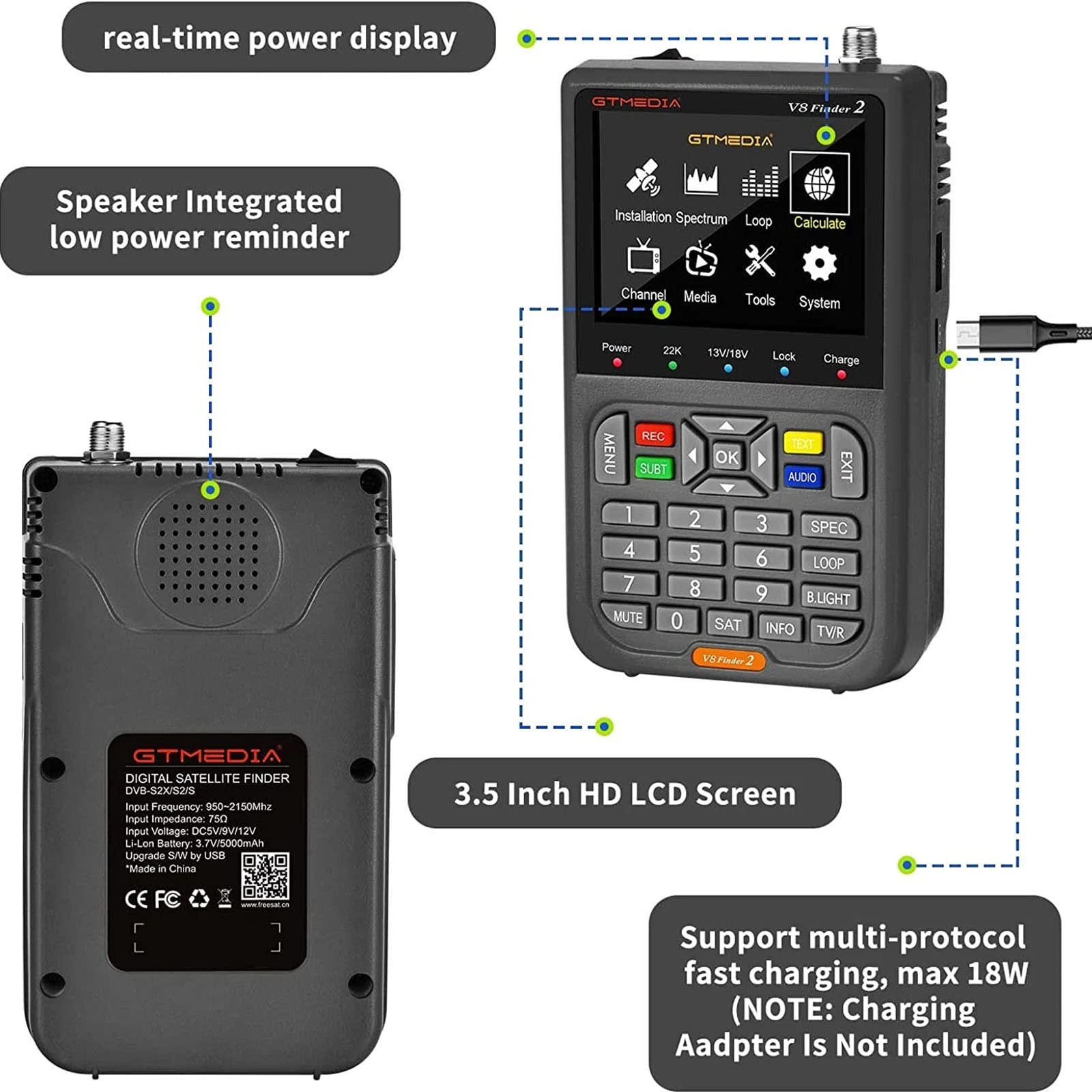 Finder V8 Finder2 Pointeur satellite numérique avec reconnaissance satellite, récepteur de signal, décodeur avec écran LCD 3,5", réglage précis de votre antenne satellite