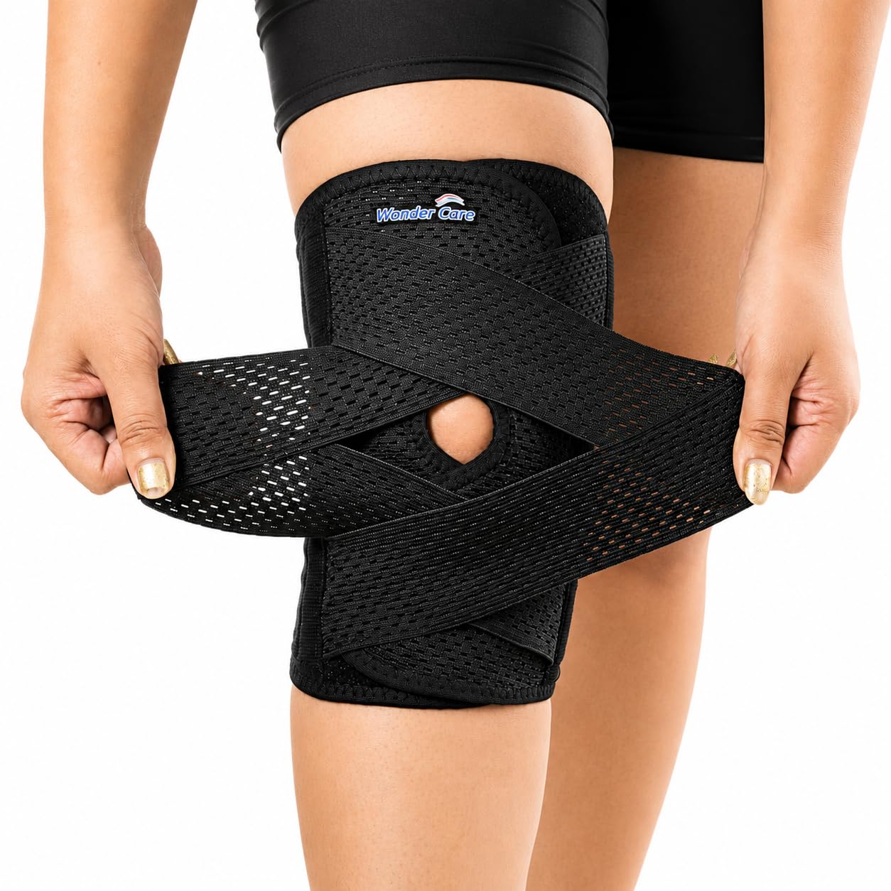 Wonder Care Adjustable Wrap Knee Support Brace, Air Mesh Fabric Knee Brace Cap for Pain Relief, Sports, Arthritis, Running Protection [Black] (1, 3XL)