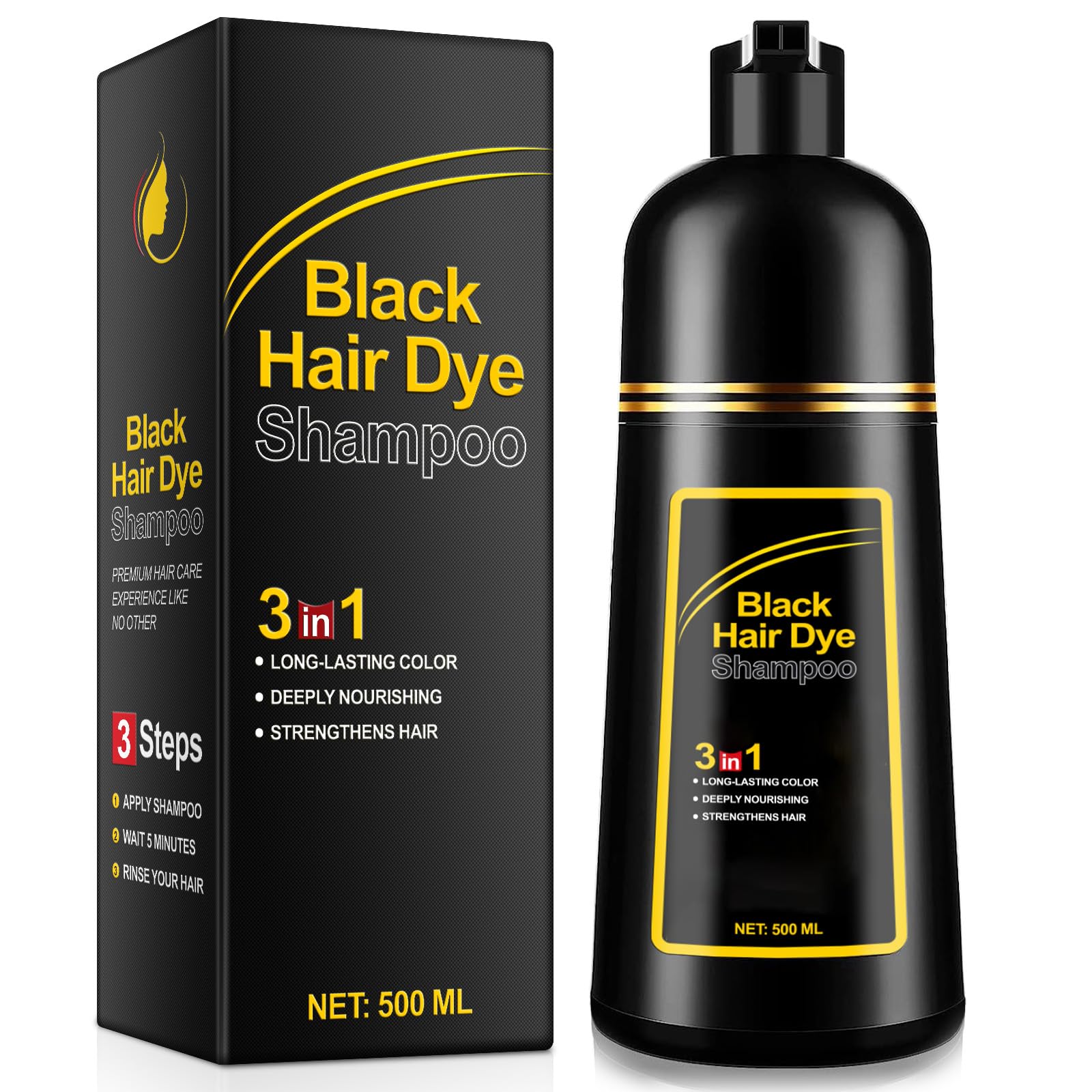 Black Hair Dye Shampoo 3-in-1, 500ML Color Shampoo for Gray Hair, Hair Coloring Shampoo for Women & Men, Color, Clean & Condition in One Step, At-Home Use