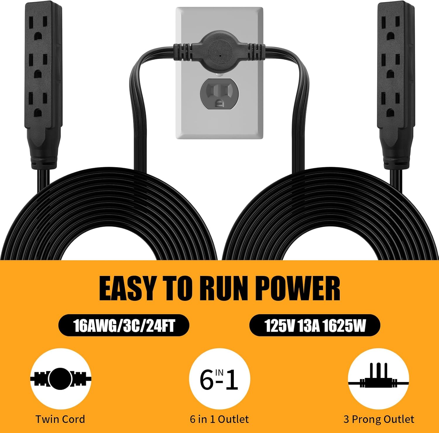 Twin Extension Cord, 24 Ft Flat Wall Plug, 12 Feet on Each Side, 3 Prong Power Strip with 6 Outlets, Double Extension Cord Splitter for Behind Bed, Couch, Nightstand, Furniture, Black