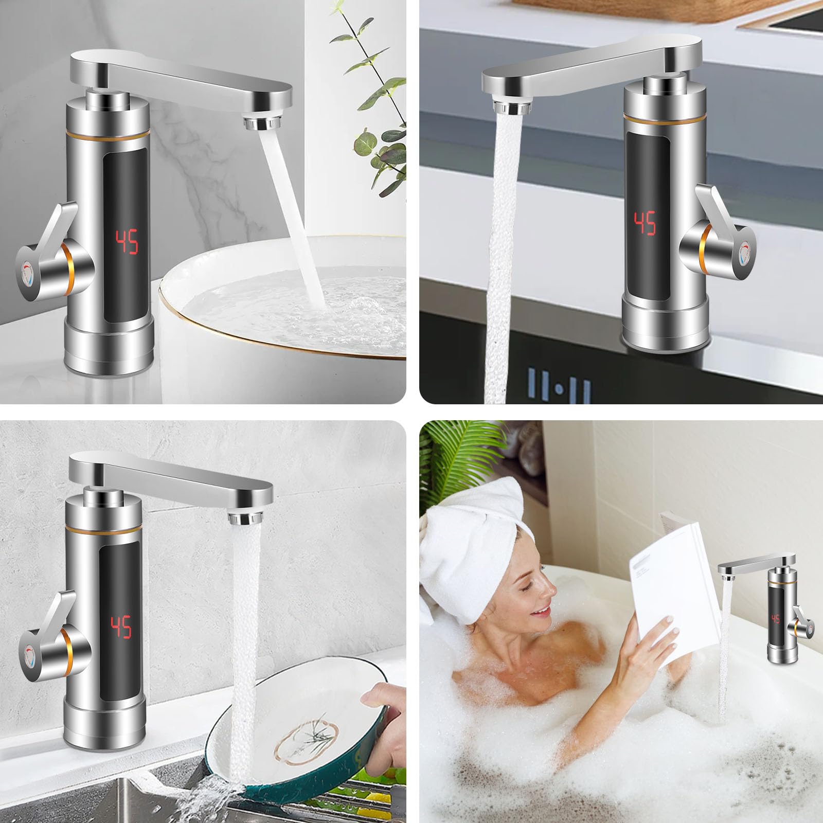 Grifo eléctrico instantáneo, grifo de calentador de agua eléctrico, indicador de temperatura LCD, mezcla de 360°, grifo de cocina giratorio, grifo de agua instantáneo