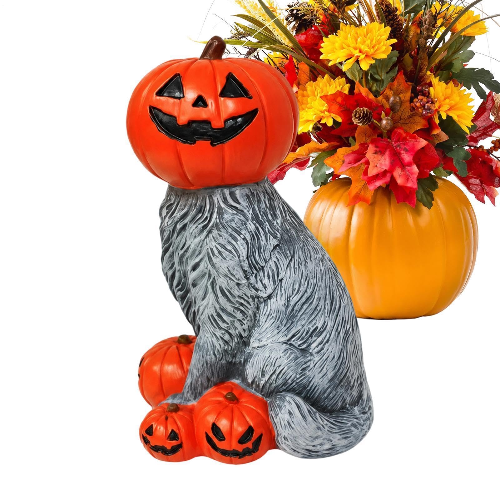 Maison hantée bureau entrée avec cette statue de chat Halloween