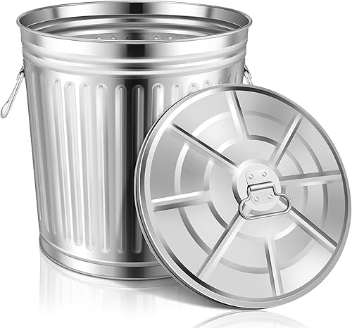 Ziliny Bote de basura galvanizado para interiores y exteriores, a prueba de mascotas, cubo de basura de metal con tapa, contenedor redondo para el