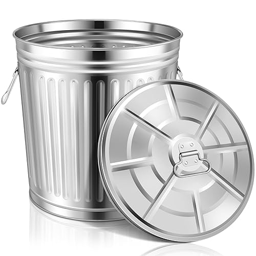 Ziliny Bote de basura galvanizado para interiores y exteriores, a prueba de mascotas, cubo de basura de metal con tapa, contenedor redondo para el
