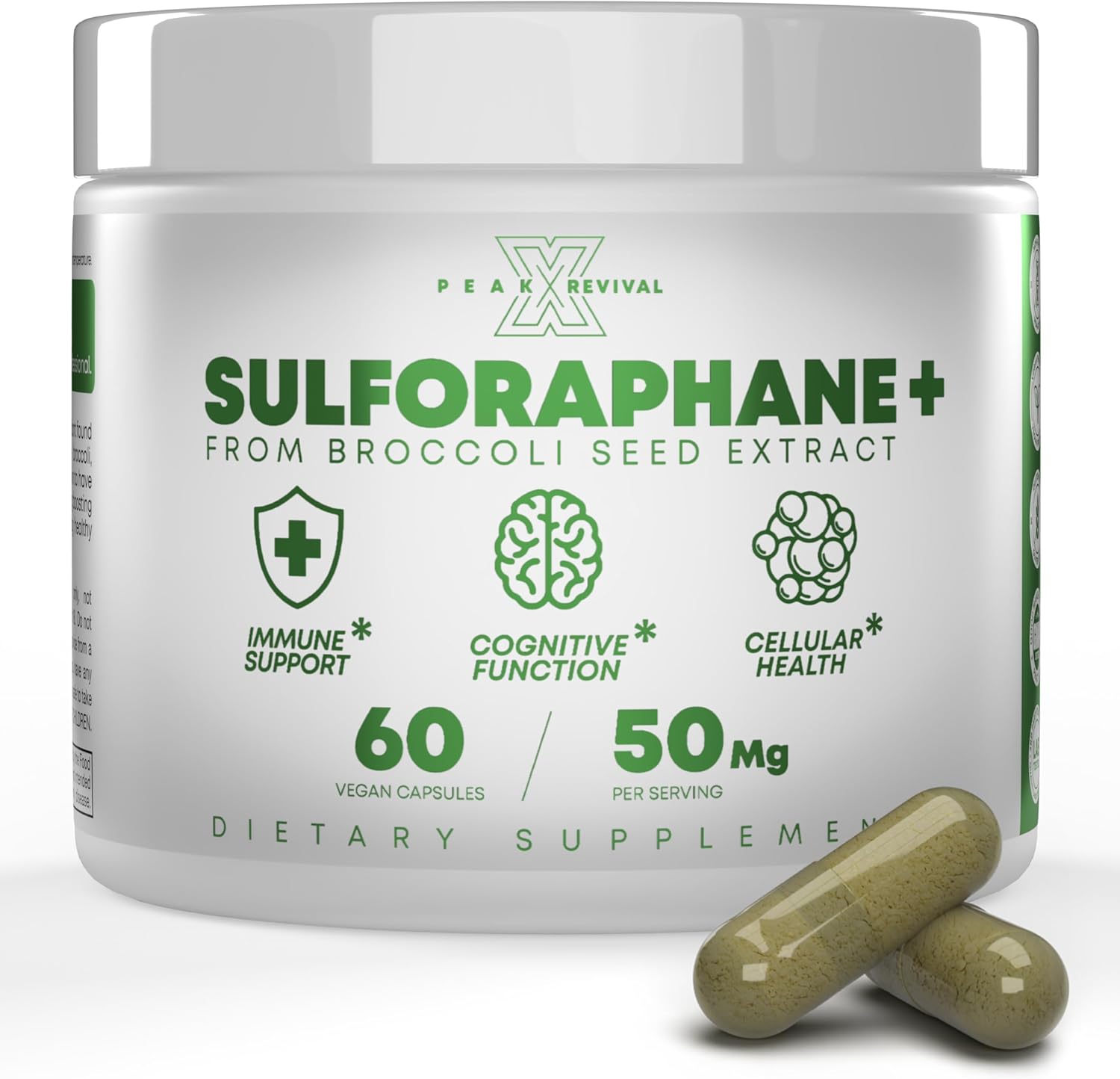 Peak Revival-X 5000mcg of Real Lab-Verified Sulforaphane Supplement - Broccoli Seed Extract 50mg Supplements - Promotes Cognitive Function, Liver & Cellular Support - 60 Vegan Capsules/Pills