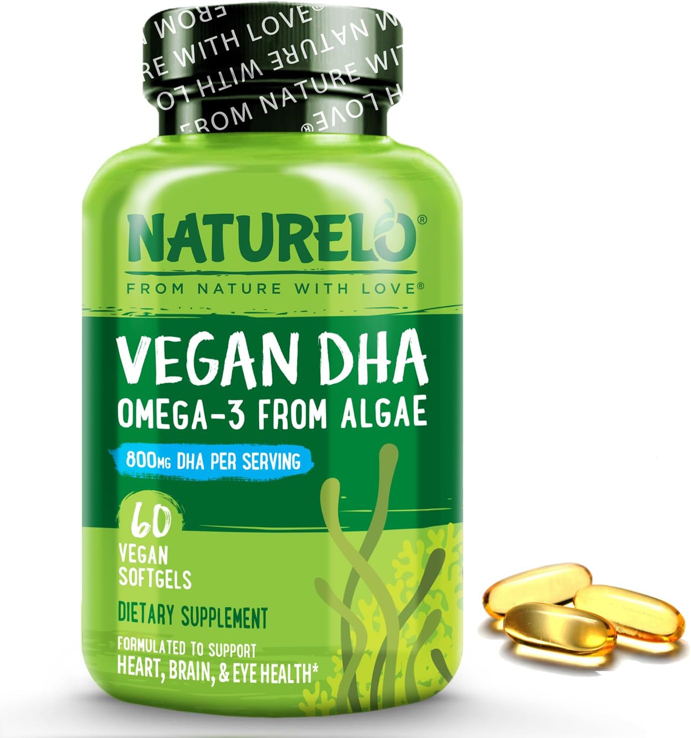 NATURELO Vegan DHA - Omega 3 Oil from Algae - Best Supplement for Brain, Heart, Joint, Eye Health - Provides Essential Fatty Acids for Women, Men and Kids - Complements Prenatal Vitamins - 60 Softgels