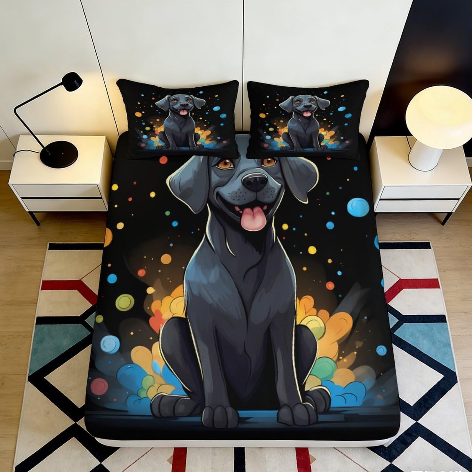 3D Printed Black Labrador Fitted Sheet Microfiber Soft Bedroom Decor Colorful Dog Mattress Cover for Home Dorm 90x200x25cm