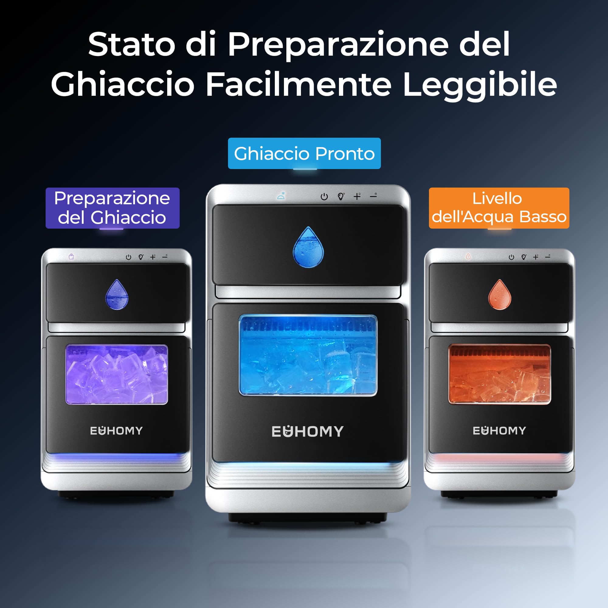 EUHOMY LunaArc™ Macchina Ghiaccio Mezzaluna, 1600Pz/24H Macchina per il Ghiaccio Casa, 16 Cubetti in 12 Min, 1.8L, Autopulente Ice Maker, 3 Dimensioni di Ghiaccio per Whisky/Caffè/Bevande