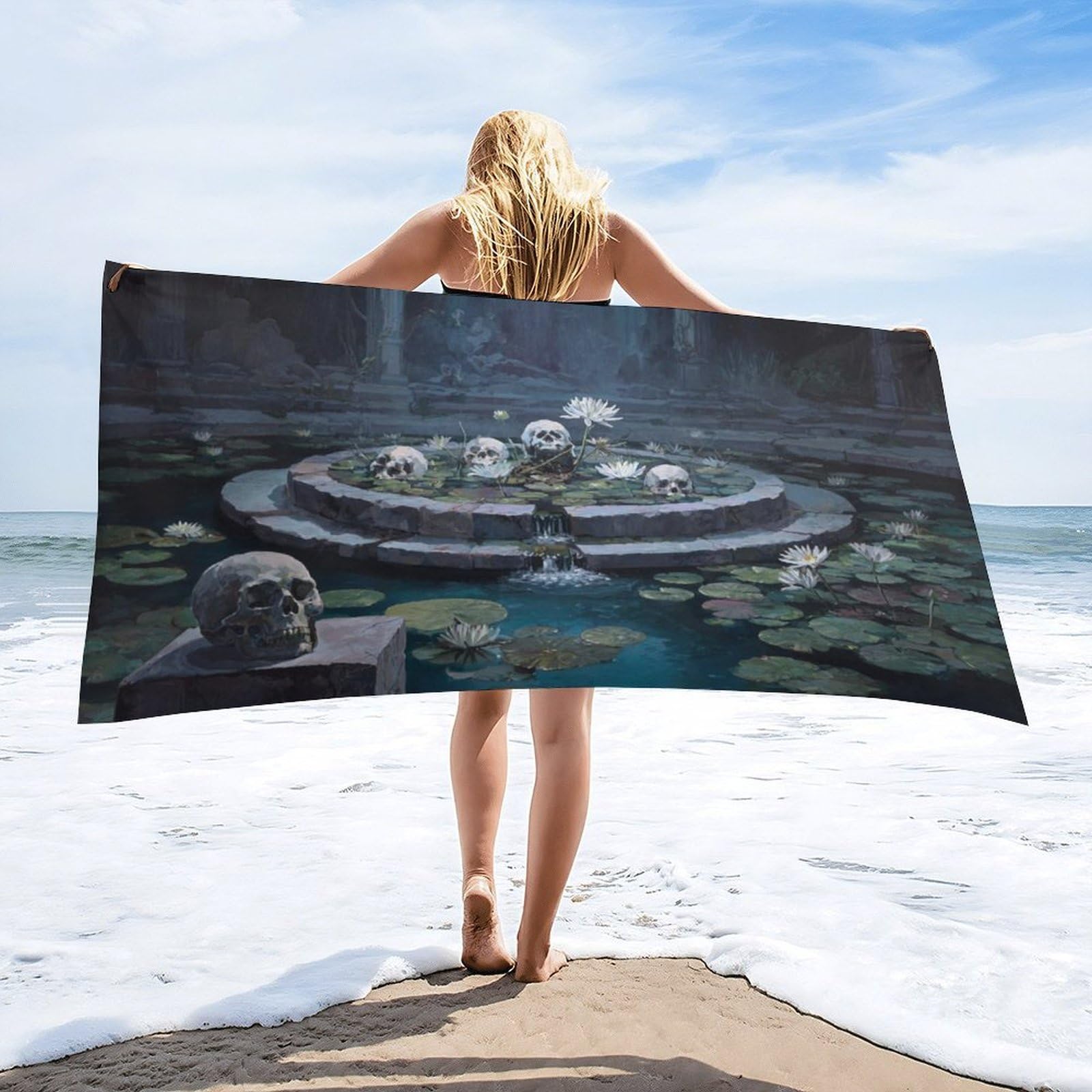 Luyysky Classic Mysterious Castle Skull Quick-Drying Beach Towel, Gothic Abstract Castle Skeleton Plant Lotus Flowers Green Leaves Travel Vacation Single Sided Pile Bathroom Towels-80"W Cm X 160"L Cm