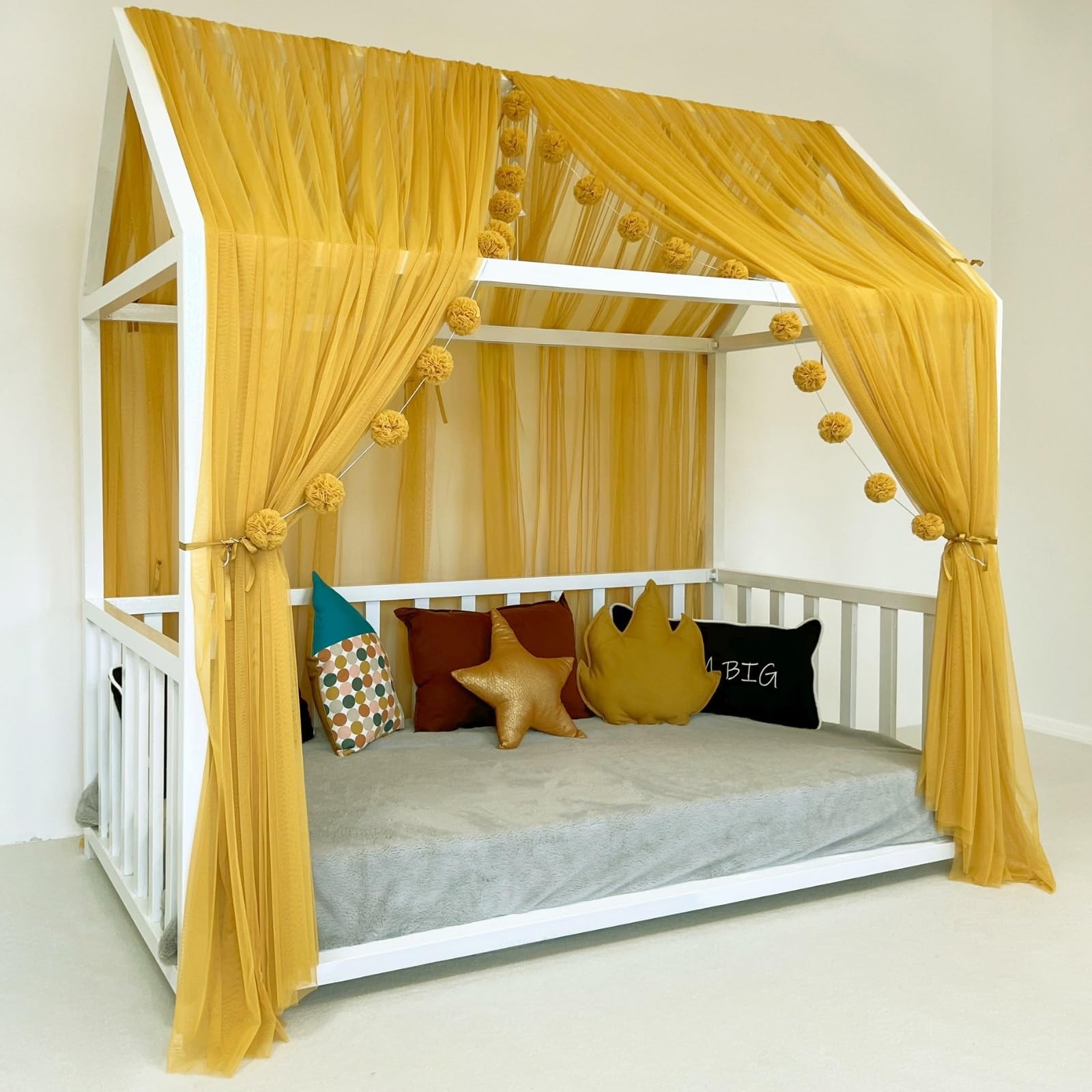Tenda a baldacchino per letto della cameretta dei bambini, decorazione per letto montessori, tenda da gioco in morbido tulle per bambini (senape, 420 cm, set da 4)