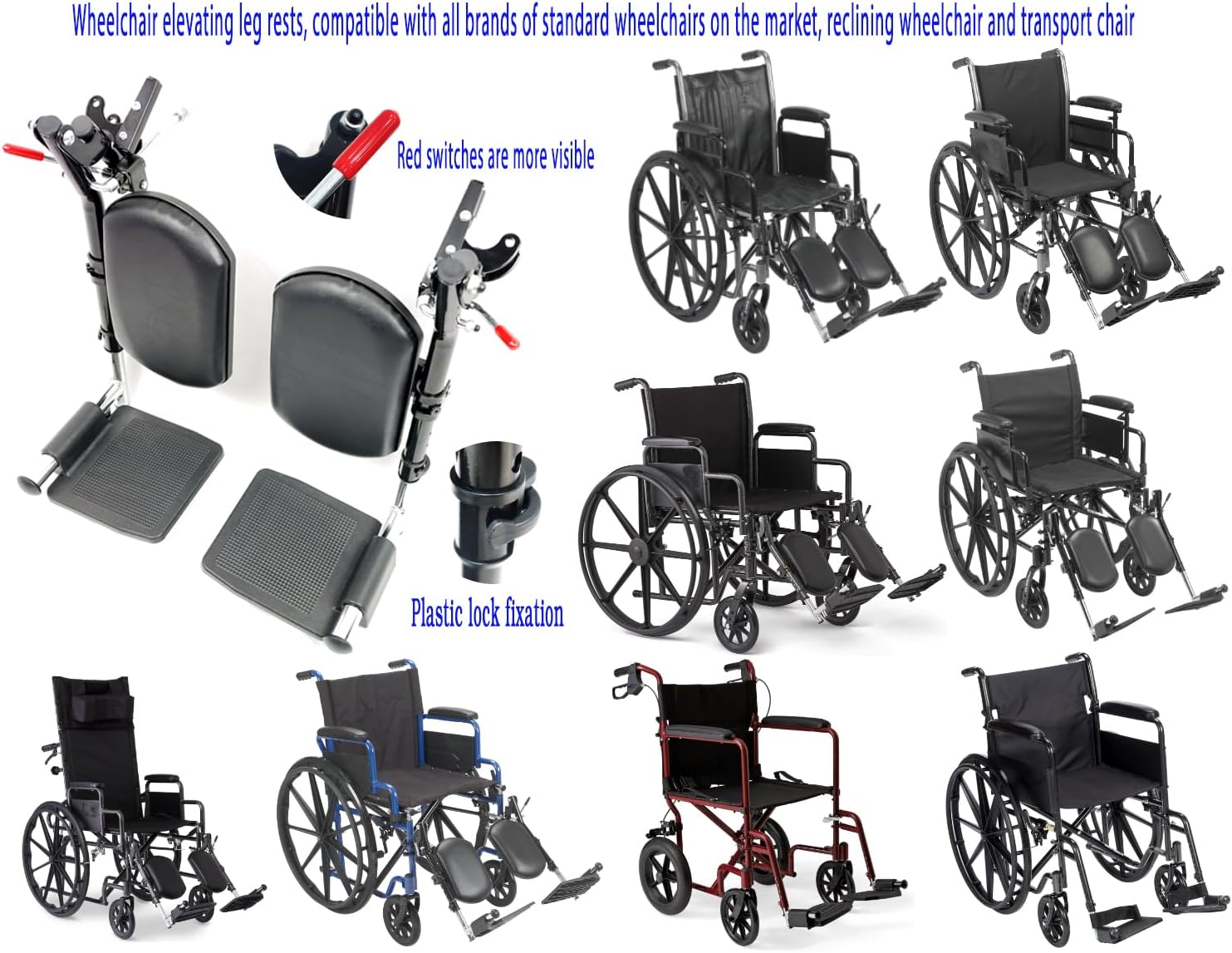 Wheelchair elevating Leg Rests, with Padded Calf pad, Composite Footplates, Compatible with Reclining and Standard Wheelchair, Transport Chair. Universal Replacement Parts, (1 Pair)