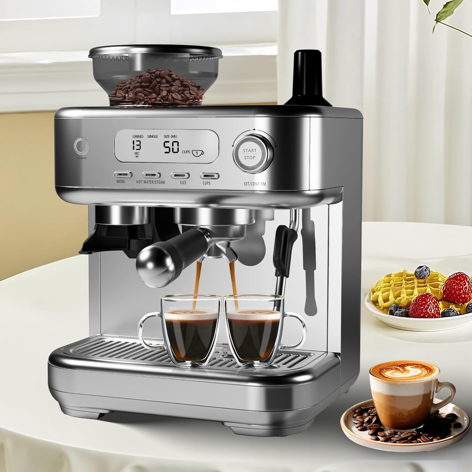 CABIHOME Semi Automatic Espresso Machine, Latte Machine for Home, Espresso Maker with Grinder, LCD Display & Steamer, 250g Bean Container, for Cappuccino, Latte, PID Temp Control