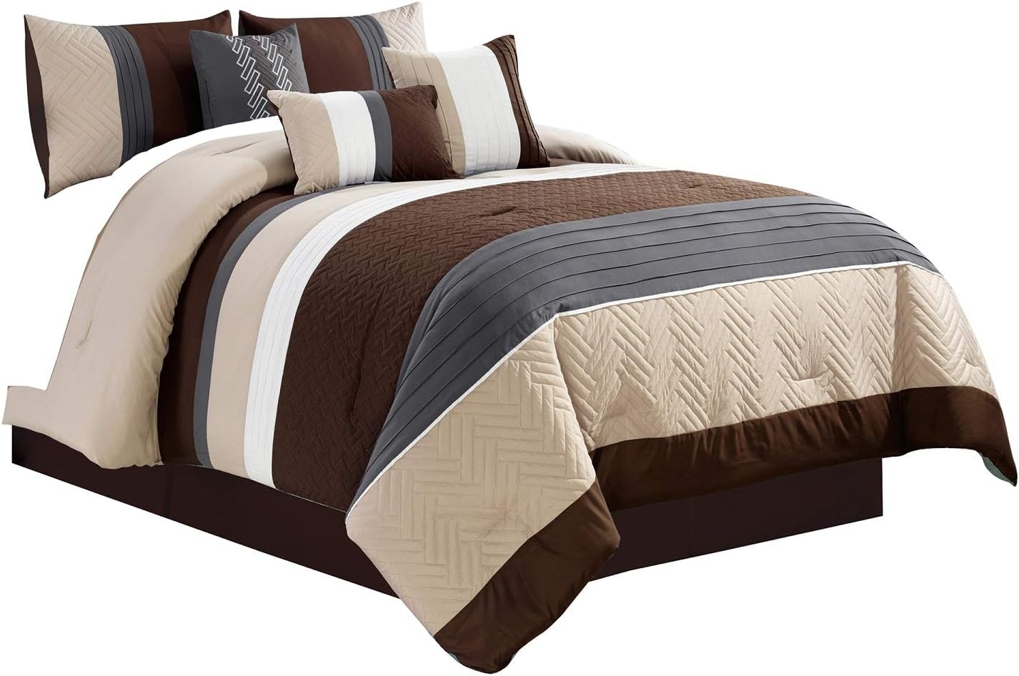 WPM 7 Piece Modern Design Comforter Set Multicolor Grey/Coffee Brown/Beige Taupe Embroidered Bed in a Bag Professional Bedding Set-Leni (Queen)