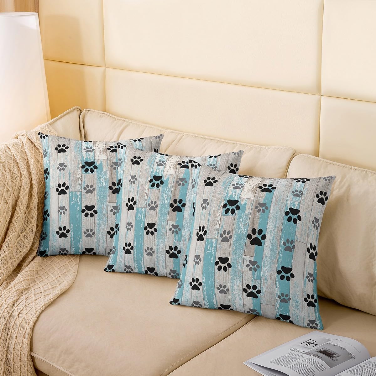 Homewish Rustic Farmhouse Pillow Cover,Dog Paw Print Cute Puppy Animal Cushion Case for Sofa RV Camper Gray Blue Wooden Barn Board Pillow Case for Boys Girls,Double Sides Print,24x24 Inch