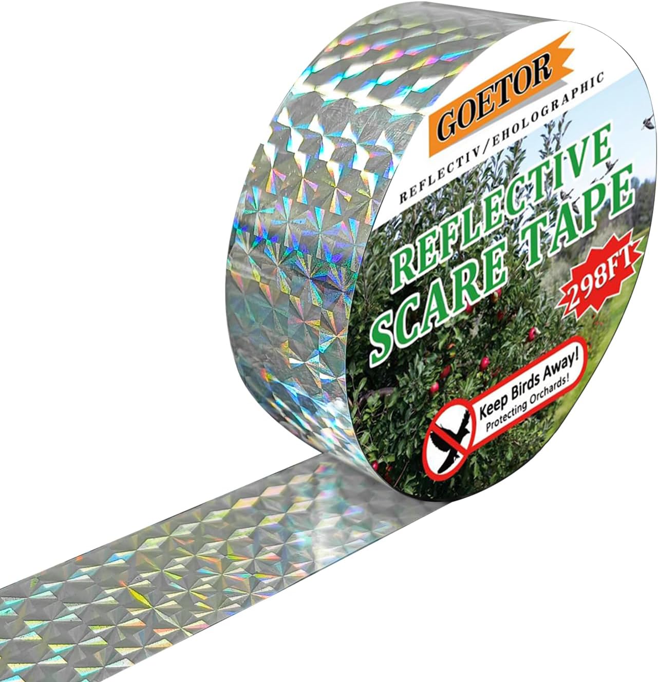 Bird Repellent Scare Tape,Bird Scare Ribbon,Reflective Flash Bird Deterrent Tape,Scare Away Birds,Eliminate Birds Destroying Crops 298 Feet Double Sided Reflective Tape.