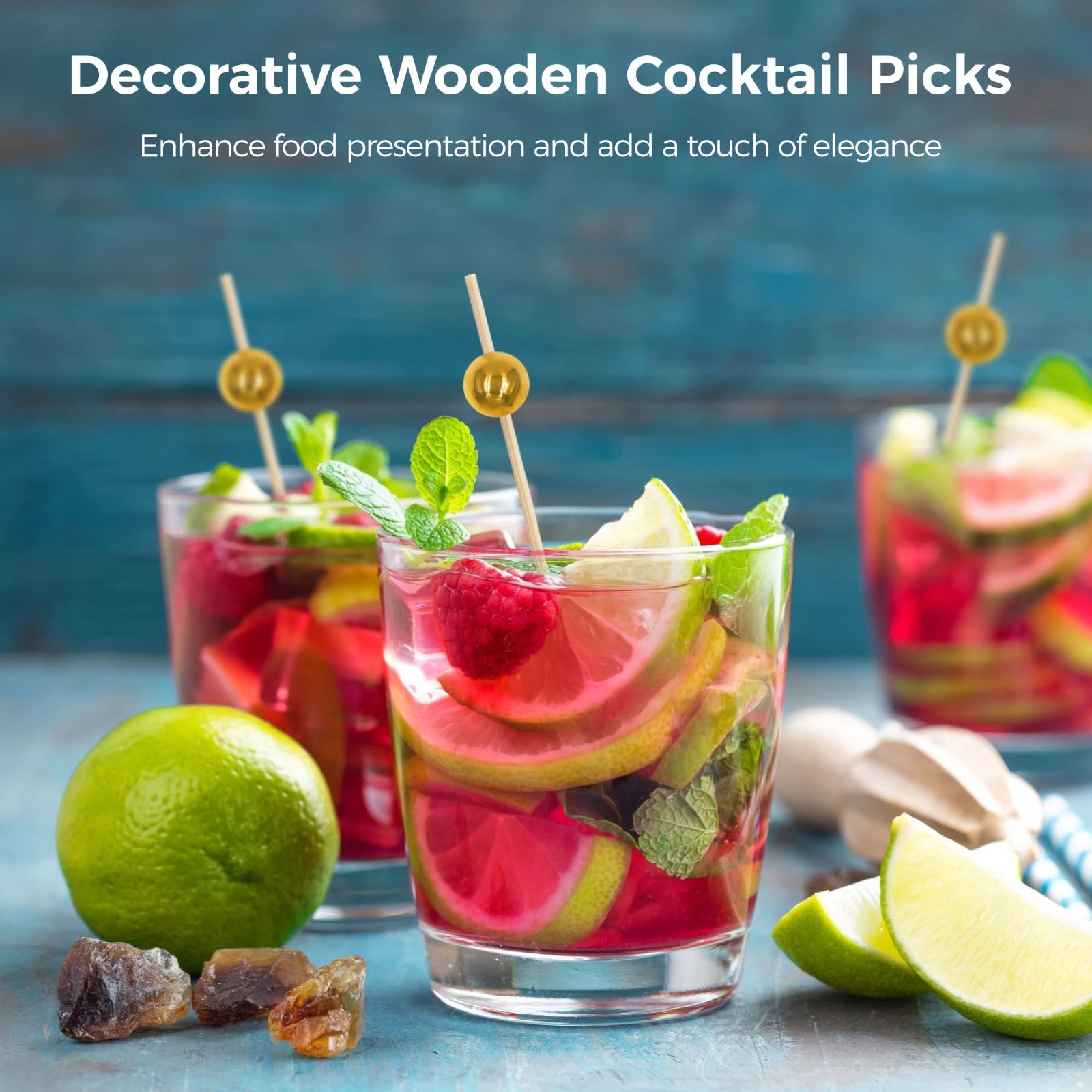 1000 palillos de cóctel de madera, palillos de dientes elegantes con cuentas doradas para aperitivos, palitos decorativos de frutas de postre, palitos de cóctel para bebidas, postres, embutidos
