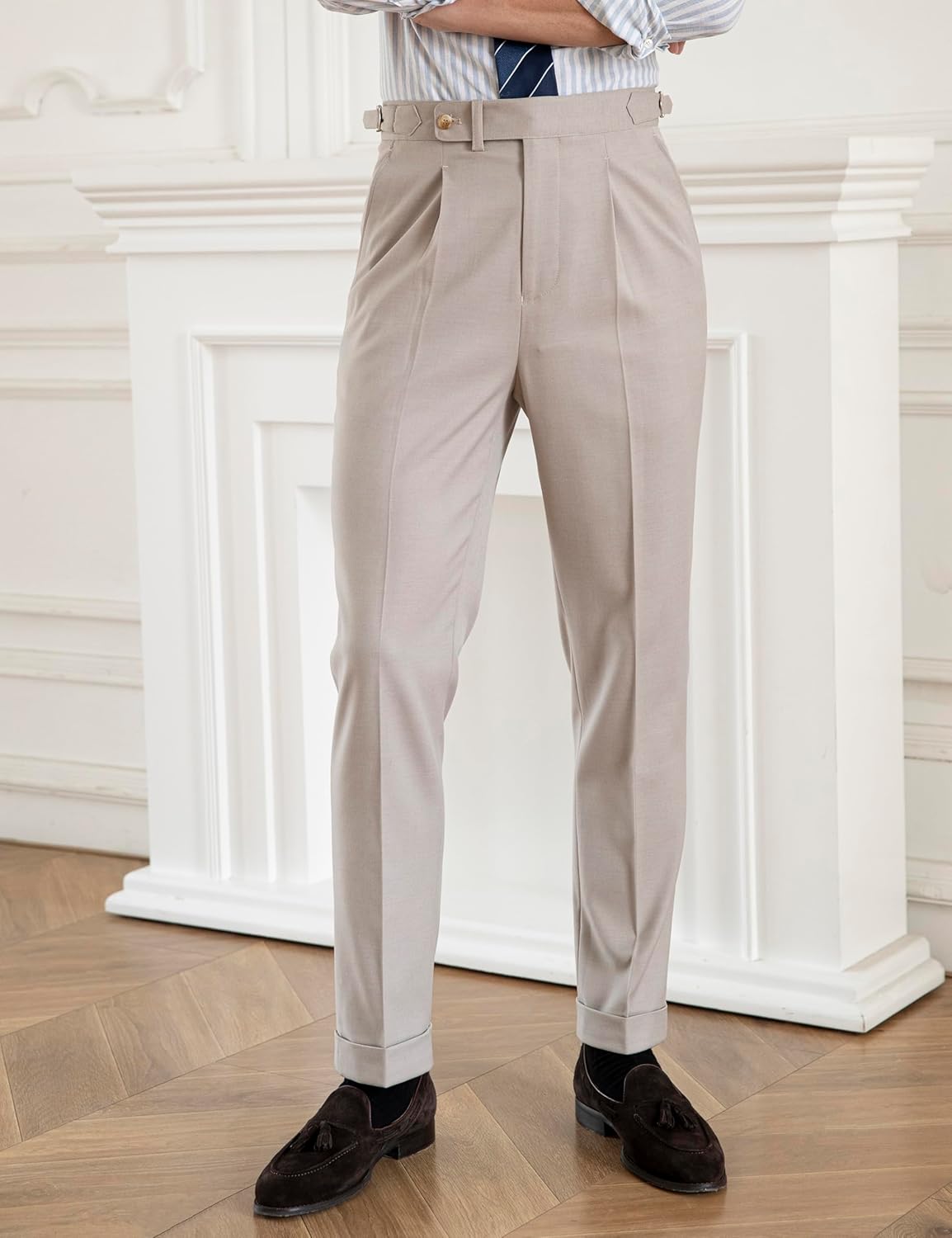 Men's Gurkha Naples Italian Old Money Style No Need to tie a Belt High Waisted Dress Pants - Image 3