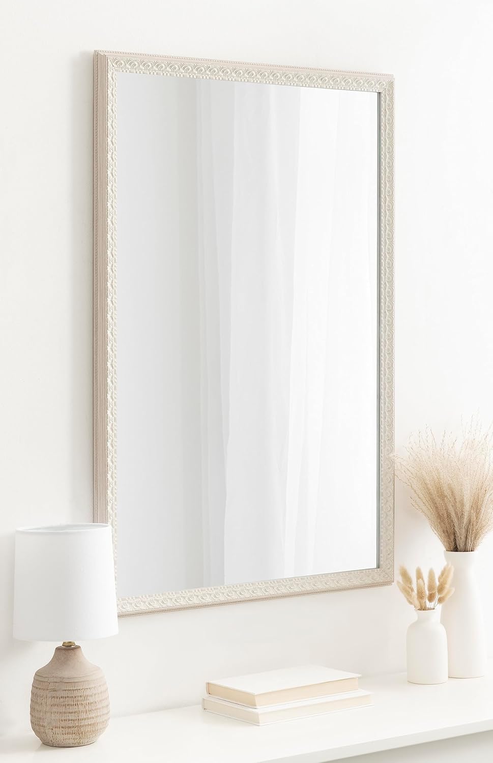 Kate and Laurel Johann Traditional Rectangle Wall Mirror; 24 x 36; Soft White; Vintage Ornate Bathroom Vanity Mirror with Embossed Frame and Light Textured Finish