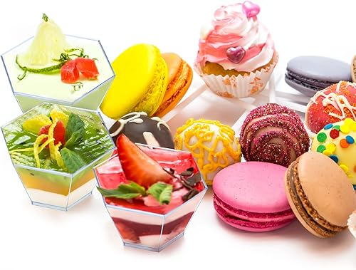 Miniatura 4 de Honeydak 300 tazas hexagonales de postre de 3.2 onzas con tapas y cucharas, sirve 100 vasos hexagonales de plástico con tapas para degustar