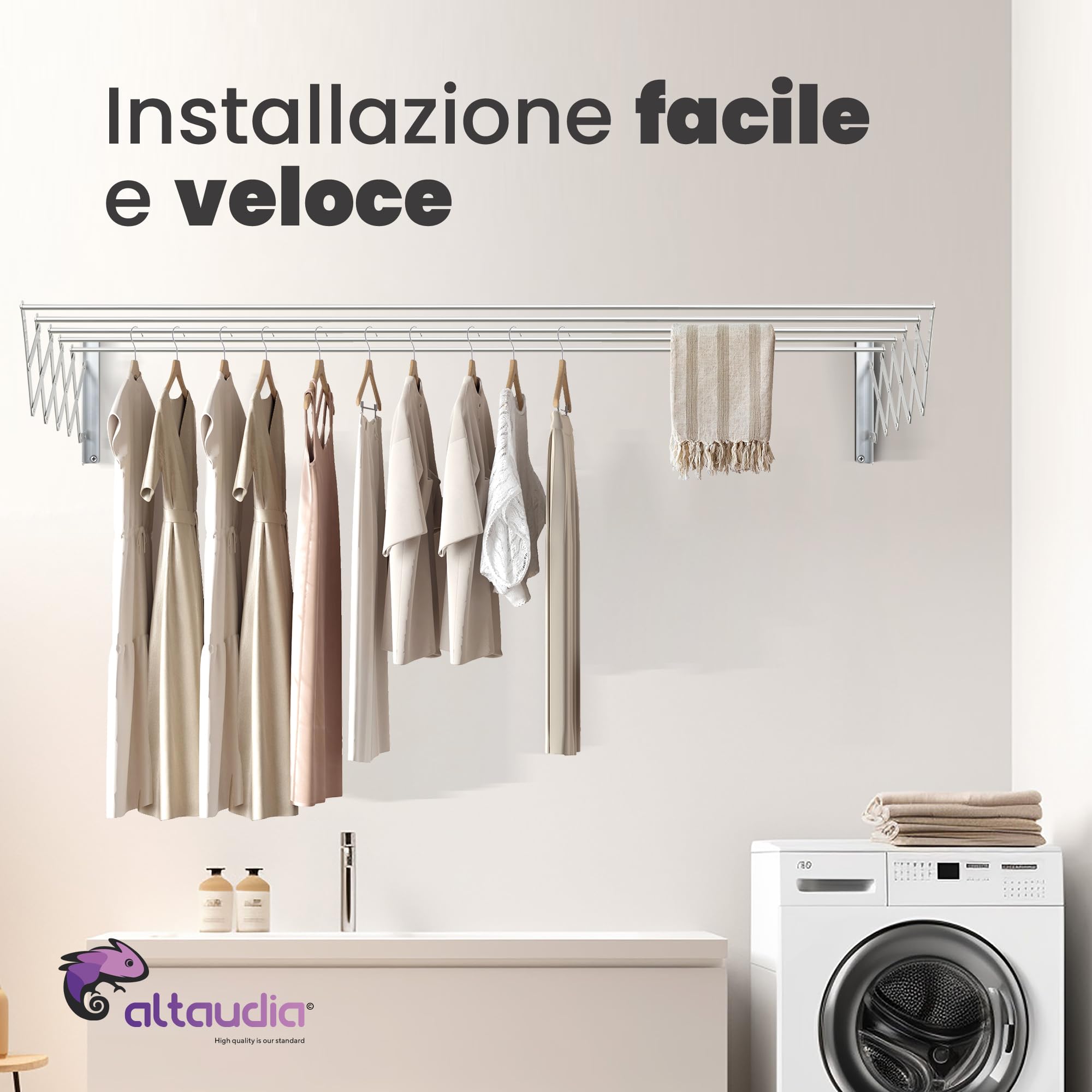Stendibiancheria da Muro Richiudibile 120cm Antiossidante - 5 Tubi in Alluminio, Estensibile 12–80 cm, Montaggio a Parete Interno/Esterno, Salvaspazio, Installazione Facile