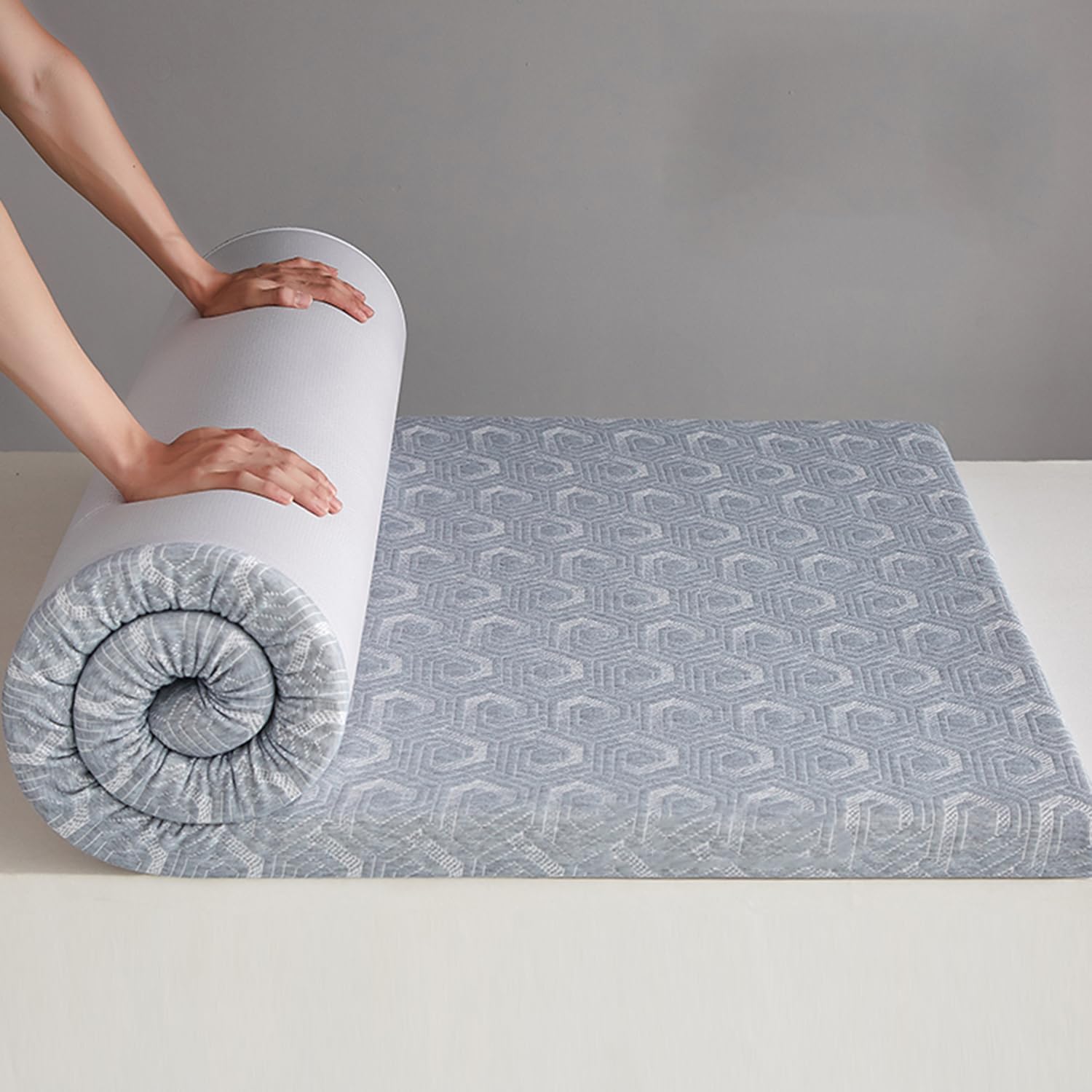 Grey,90x190cm, Japanese Futon Mattress Topper Queen Twin Size Thick 5Cm Floor Mattress Pad with Washable Mattress Cover Comfortable Knitted Cotton Sleeping Mat for Dormitory Camping