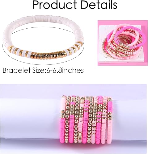 Miniatura 2 de PIPITREE 12 pulseras de cuentas de arcilla Heishi Surfer para mujer, pulseras bohemias apilables de cuentas doradas, pulseras elásticas de la