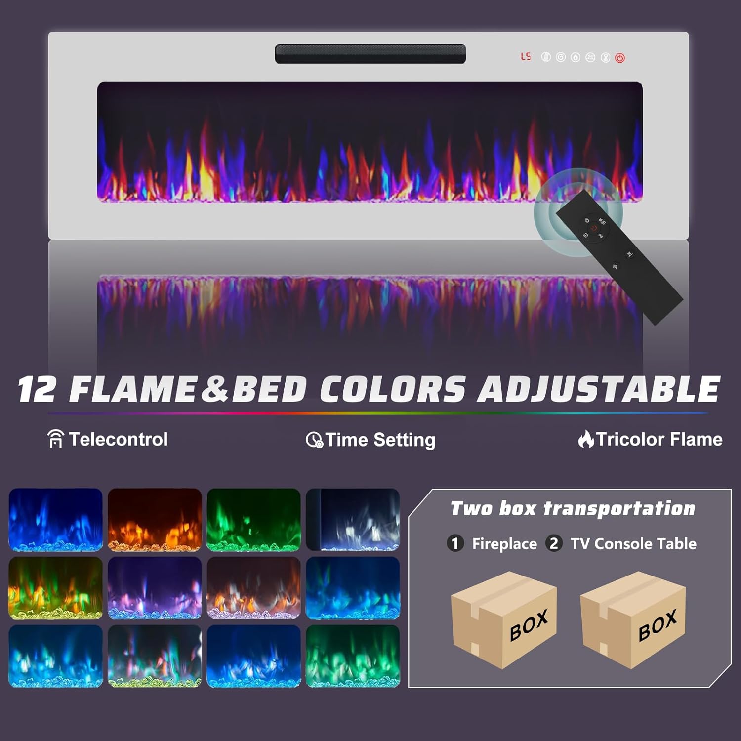 Electric fireplace with remote control and flame color options